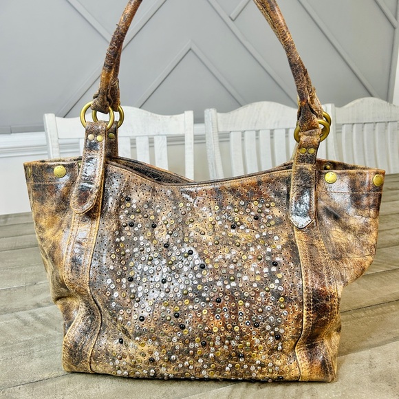 Frye Women's Deborah Distressed Leather Studded Brown Western Shoulder Bag - Picture 1 of 10